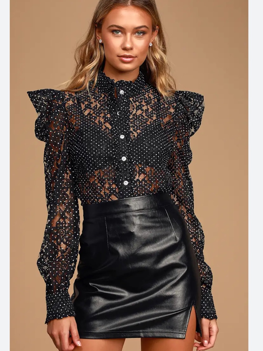 Lulu's Respect Black and White Lace Button Up Polka Dot Top Size Small NWTS